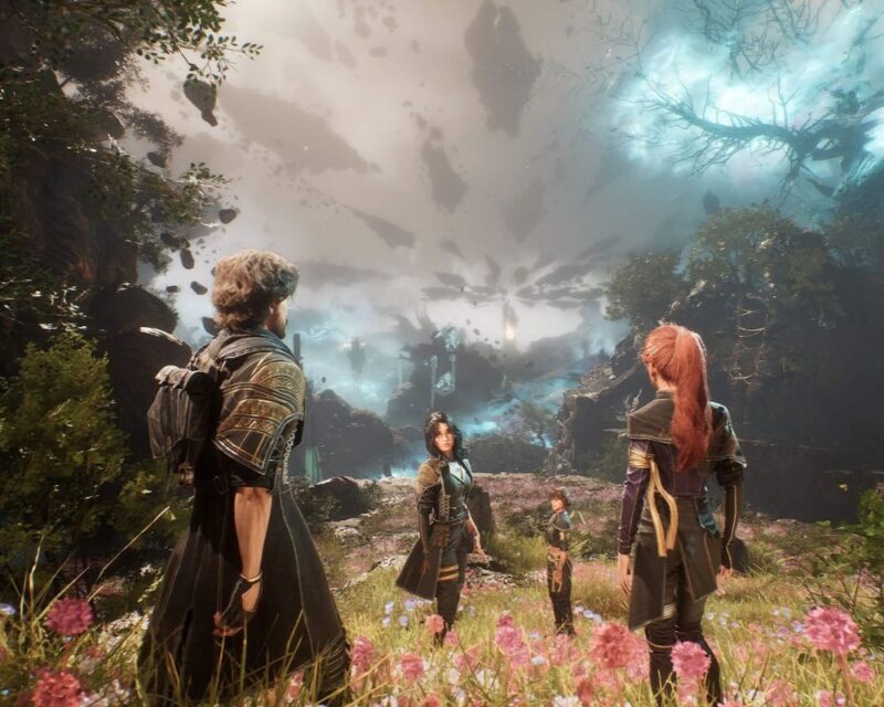 Na obrazku widać czwórkę postaci stojących na łące pełnej różowych kwiatów, otoczonych magicznym krajobrazem z unoszącymi się skałami i tajemniczym niebem w tle.