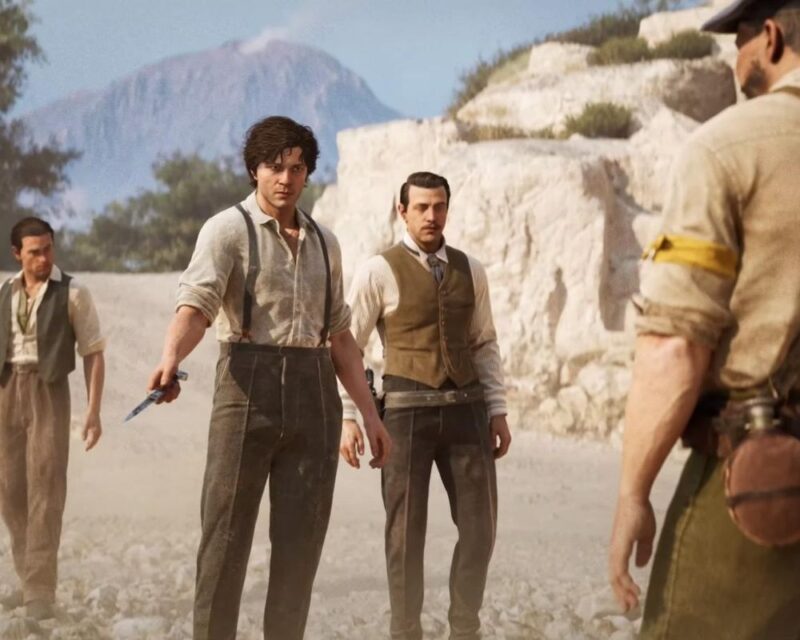 Na obrazku widać kilku mężczyzn stojących na kamienistej drodze. Jeden z nich trzyma nóż i jest gotowy do walki z innym mężczyzną.