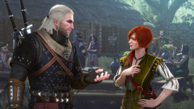 Białowłosy wiedźmin Geralt prosi rudowłosą medyczkę Shani do zabawy na weselu.