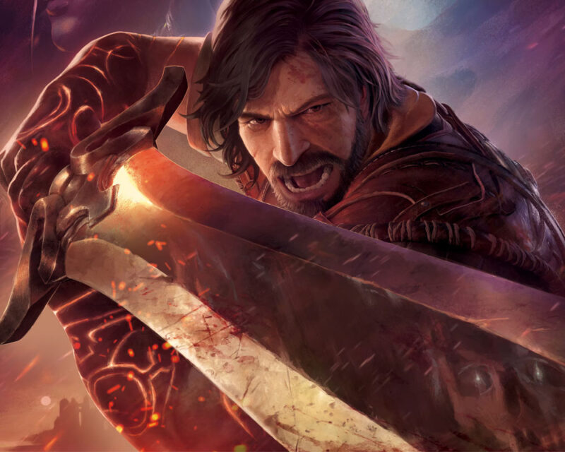 Grafika przedstawia bohatera gry Blades of Fire w dynamicznej pozie trzymającego miecz