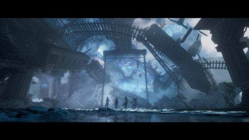 Cztery postacie stojące naprzeciw gigantycznej, surrealistycznej konstrukcji – zawieszone w powietrzu fragmenty budynków, schody i platformy tworzą nierealny, rozbity krajobraz.