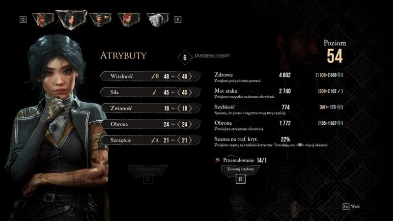 Postać kobiety na czarnym tle, po jej prawej stronie wyświetlane są statystyki.