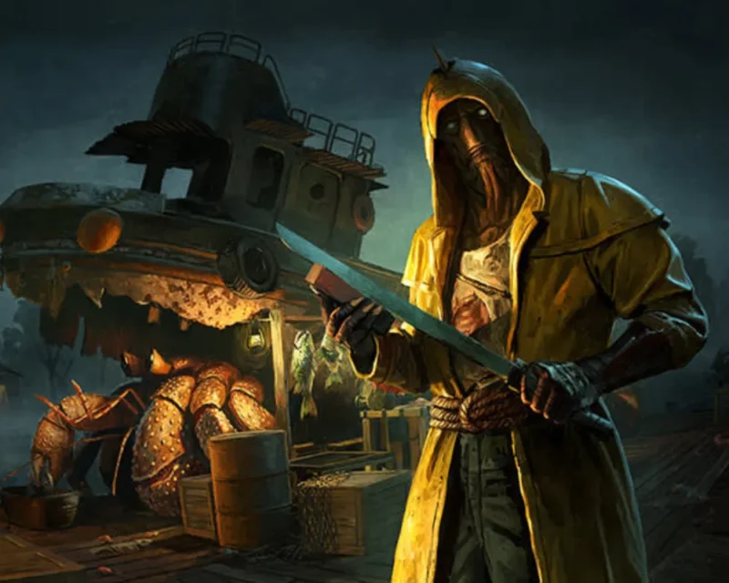 Postać w żółtym płaszczu przeciwdeszczowym z nożem, na tle kraba pustelnika i zniszczonej łodzi w Fallout 76.