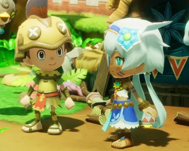 Dwie postacie z gry Fantasy Life i rozmawiające na tle kolorowej wyspy Reveria.