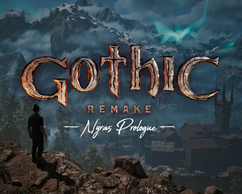 Obrazek przedstawia logo Gothic Remake z dopiskiem "Nyras Prologue" na tle krajobrazu Górniczej Doliny i Starego Obozu z gry.