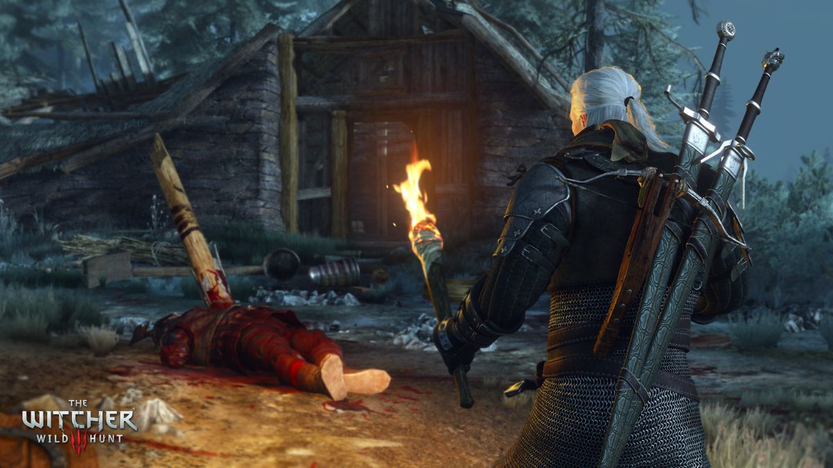 Geralt z Rivii z gry „Wiedźmin 3: Dziki Gon” stoi nocą przed zrujnowaną chatą w lesie, trzymając pochodnię oświetlającą krwawe miejsce zbrodni. Na ziemi leży brutalnie zamordowane ciało w czerwonym stroju, przebite drewnianym kołkiem. W tle widać porzucone beczki, gruz i cień lasu. Atmosfera sceny jest mroczna i pełna napięcia, podkreślająca elementy śledztwa i grozy obecne w grze.