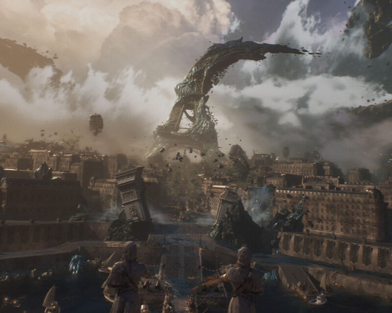 Ten obraz przedstawia apokaliptyczny krajobraz miasta zniszczonego przez potężną siłę. W centrum kadru dominuje gigantyczna, organiczna struktura wznosząca się ku zachmurzonemu niebu, sprawiająca wrażenie, jakby wyrosła z ziemi i rozrywała otoczenie. Wokół niej unoszą się w powietrku fragmenty gruzu i mniejszych, latających obiektów. Miasto, choć w dużej mierze zrujnowane, wciąż zachowuje swoje charakterystyczne europejskie cechy architektoniczne, z widocznymi fasadami budynków i strukturami przypominającymi łuki triumfalne, które są rozbite i częściowo zatopione w wodzie lub błocie. W tle, pod ciężkimi chmurami, widać więcej zniszczonych budynków, a po prawej stronie horyzontu majaczy kolejny duży, latający obiekt. Na pierwszym planie, tyłem do widza, stoją dwie postaci, wyglądające na obserwatorów lub ocalałych, spoglądających na ten chaotyczny widok. Ich obecność dodaje skali zniszczeniu i podkreśla dramatyzm sceny. Całość utrzymana jest w stonowanej kolorystyce, z dominującymi szarościami, brązami i błękitami, co potęguje wrażenie ponurości i powagi sytuacji. Światło, choć niejasne, sugeruje pochmurny dzień lub zmierzch, co dodatkowo wzmacnia atmosferę końca.