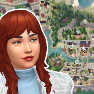 Zrzut ekranu z gry The Sims 4: Dochodowe hobby. Widnieje na nim rudowłosa simka z zamyślonym wyrazem twarzy. W tle widać skandynawskie miasto - niewielkie, kolorowe domki, wijące się rzeki i gęste lasy iglaste.