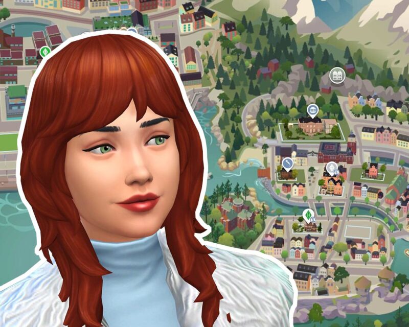 Zrzut ekranu z gry The Sims 4: Dochodowe hobby. Widnieje na nim rudowłosa simka z zamyślonym wyrazem twarzy. W tle widać skandynawskie miasto - niewielkie, kolorowe domki, wijące się rzeki i gęste lasy iglaste.