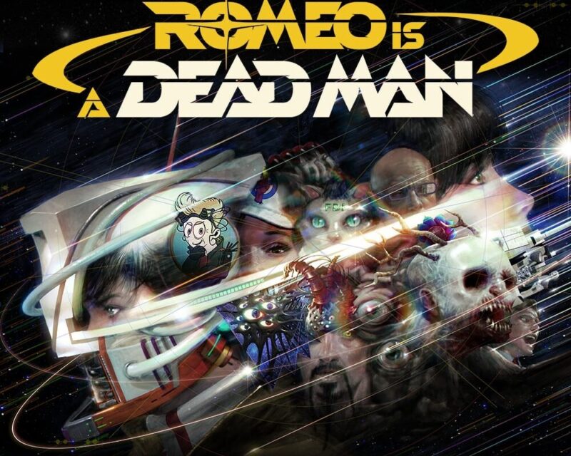 Romeo is a Dead Man zapowiedź State of Play, na górze tytuł gry, poniżej dziwna zlepka różnych postaci, w tle jakby kosmos