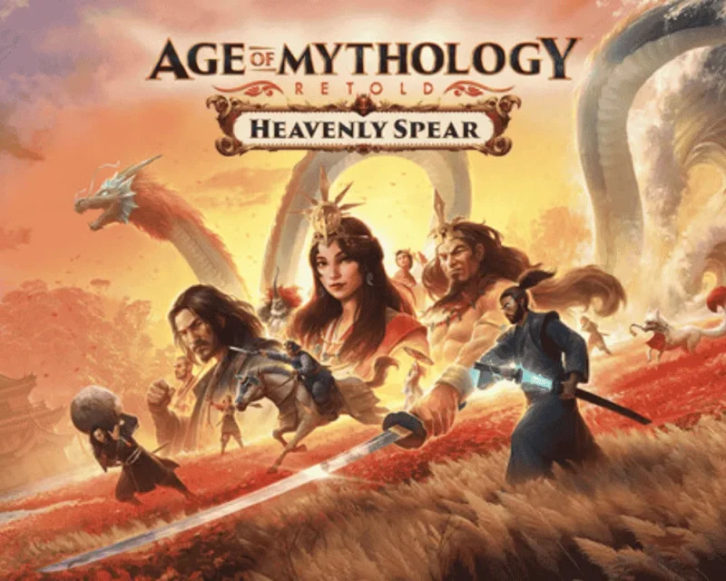 Grafika promocyjna dodatku Age of Mythology: Retold – Heavenly Spear z postaciami inspirowanymi japońską mitologią, smokiem i magiczną włócznią na tle czerwonych pól.