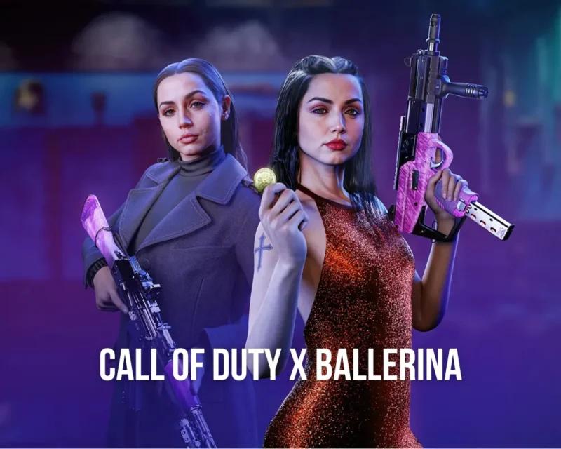Postacie z gry Call of Duty w stylizacji inspirowanej filmem Ballerina – dwie kobiety z bronią w dłoniach, w tle neonowe światła i tytuł crossovera 'Call of Duty x Ballerina'.