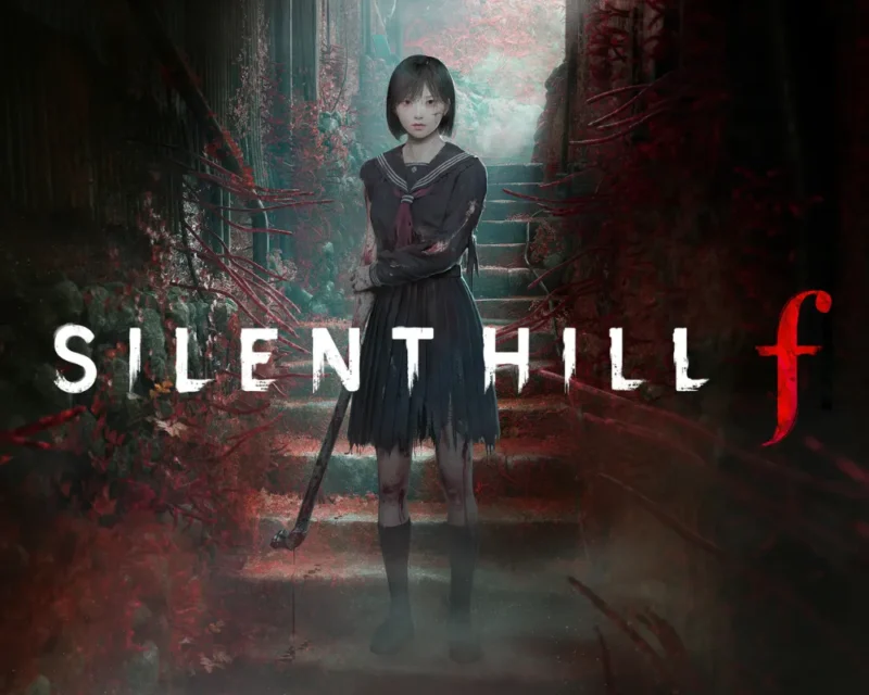 Krwawiąca nastolatka Hinako w szkolnym mundurku stoi na schodach wśród czerwonych pnączy i mgły, z tytułem Silent Hill f na pierwszym planie.