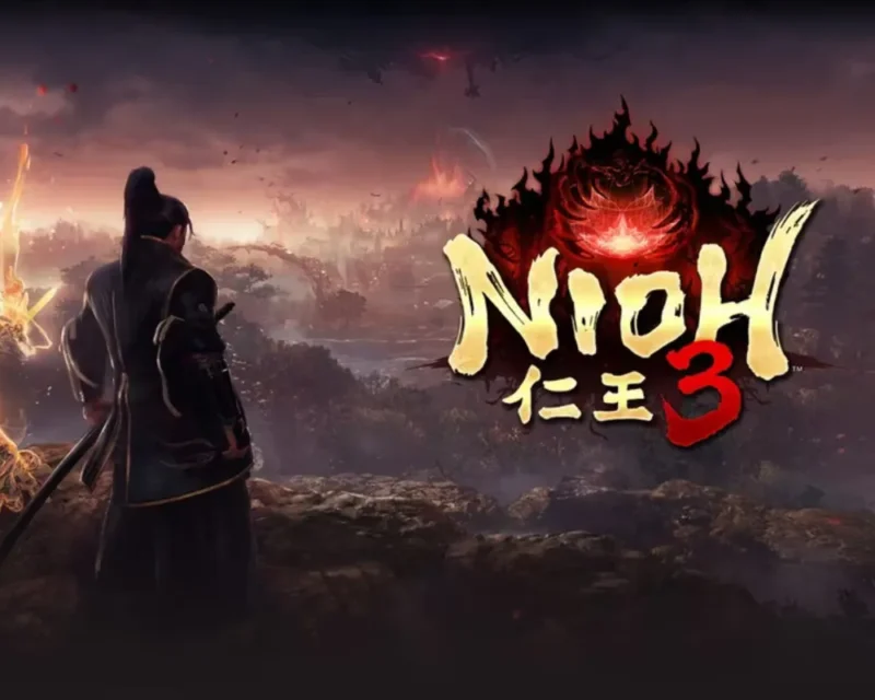 Postać samuraja z mieczem patrzy na krajobraz inspirowany feudalną Japonią, z logo gry Nioh 3 na tle ognistego symbolu.