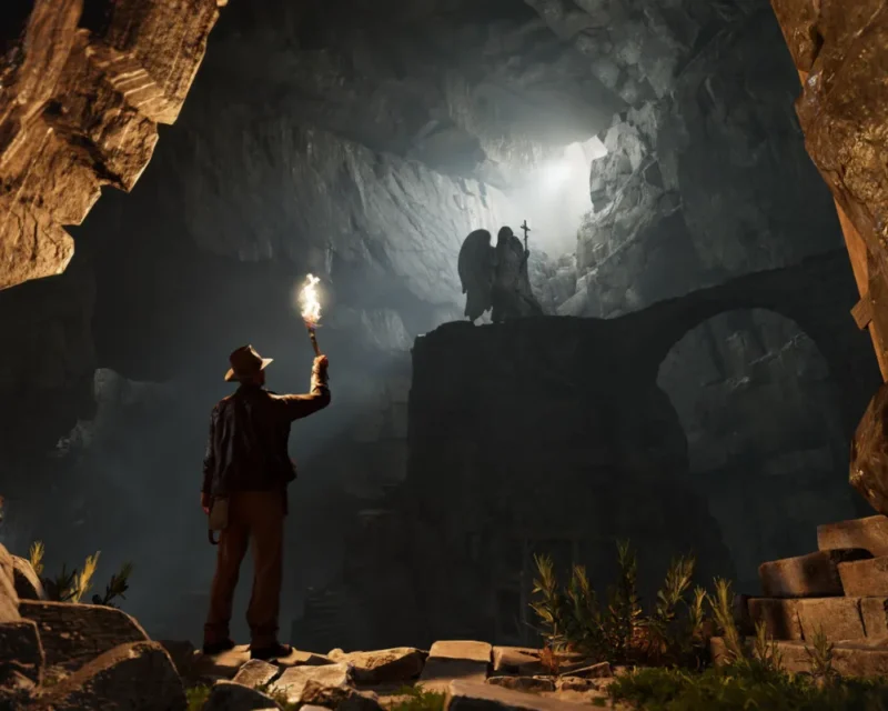 Indiana Jones z pochodnią w ręce stoi u wejścia do podziemnej groty, naprzeciwko kamiennego mostu i monumentalnego posągu anioła z mieczem.