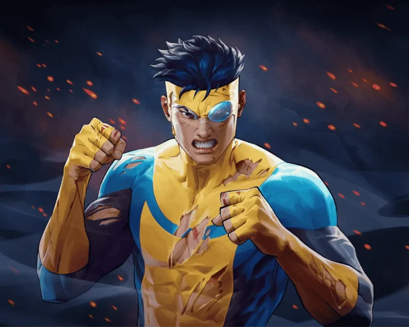 Postać Invincible z gry Invincible VS – zniszczony kostium, podbite oko i zaciśnięte pięści na tle unoszących się iskier i ciemnego nieba.