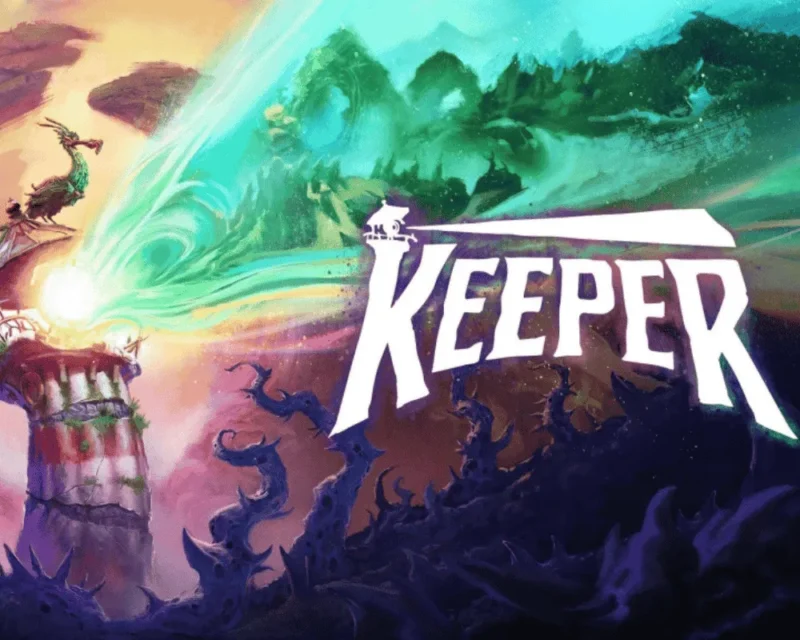 Kolorowa grafika promująca grę Keeper od studia Double Fine – ożywiona latarnia morska emanuje światłem w surrealistycznym świecie fantasy.