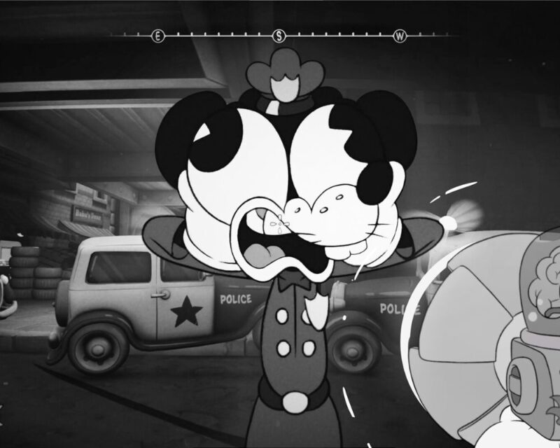 Mouse P.I. For Hire nowy zwiastun. Na obrazku widzimy kadr w stylu klasycznej, czarno-białej kreskówki z lat 30. XX wieku. Na pierwszym planie znajduje się karykaturalna postać policyjnego psa z przerysowanym wyrazem zaskoczenia na twarzy – szeroko otwarte oczy, usta i uniesione brwi nadają scenie komiczny dramatyzm. W tle widać retro radiowóz z napisem "POLICE" oraz inne kreskówkowe elementy, jak beczki, opony i neon "Baba’s Diner". Po prawej stronie kadru pojawia się fragment innej postaci – humanoidalnego mózgu w skafandrze, co sugeruje surrealistyczny, parodystyczny klimat. Całość przywodzi na myśl grę inspirowaną stylem Cuphead, łączącą estetykę retro z nowoczesną oprawą i absurdem.