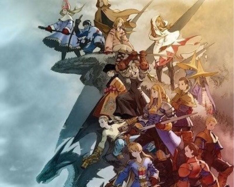 Ilustracja przedstawia grupę postaci fantasy. Każda z postaci nosi charakterystyczny strój sugerujący różne klasy postaci, takie jak rycerz, mag, uzdrowiciel czy łucznik. Tło dzieli się na dwie części — lewą w odcieniach niebieskiego symbolizujących chłód i prawą w ciepłych, złotych barwach.