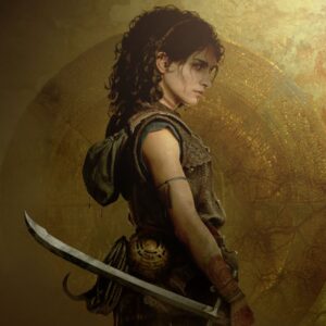 Na obrazku widać kobietę o ciemnych, kręconych włosach, ubraną w skórzaną zbroję. Stoi bokiem, trzymając zakrzywiony miecz, a na jej ramieniu widać opaskę.