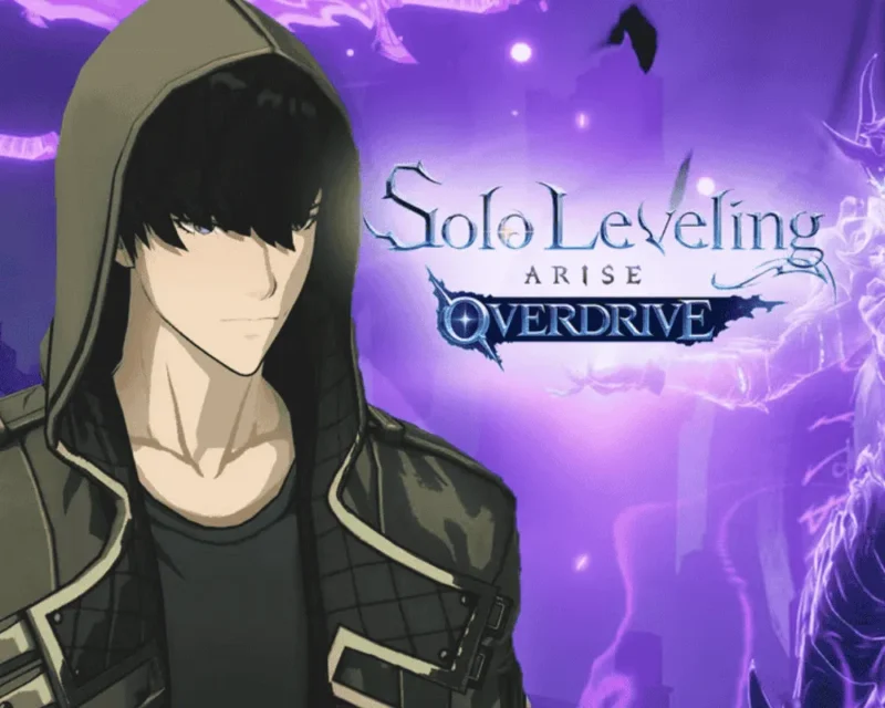 Postać Sung Jinwoo z gry Solo Leveling: ARISE OVERDRIVE na tle fioletowego portalu i logotypu gry – styl graficzny inspirowany webtoonem.