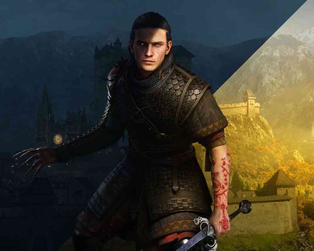 Grafika promująca grę "The Blood of Dawnwalker" przedstawia mrocznego wojownika w skórzanym pancerzu, z zakrwawioną ręką i runicznymi znakami na skórze. Postać stoi na tle krajobrazu podzielonego między nocną scenerię z gotycką katedrą a słoneczne, górskie tereny z zamkiem.
