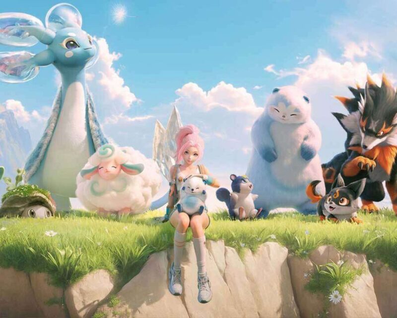 Na obrazku widzimy kolorową, bajkową scenę w stylu fantasy, przedstawiającą dziewczynę o różowych włosach i anielskich skrzydłach siedzącą pośrodku zielonej polany. Towarzyszy jej grupa uroczych, różnorodnych stworzeń przypominających Pokémony lub fantastyczne pupile – każde o unikalnym wyglądzie i charakterze. Po lewej stronie znajduje się niebieski stworek z grzybowym kapeluszem, a dalej duży, niebieski smok z przezroczystymi uszami. Z prawej strony widać puszyste, białe istoty, lisy i ptaka grającego na trąbce. Tło ukazuje jasne, górskie pejzaże i błękitne niebo z białymi chmurami, co tworzy spokojną, idylliczną atmosferę. Całość emanuje ciepłem, przyjaźnią i magią – to świat, w którym opiekowanie się magicznymi stworzeniami zdaje się być głównym motywem.