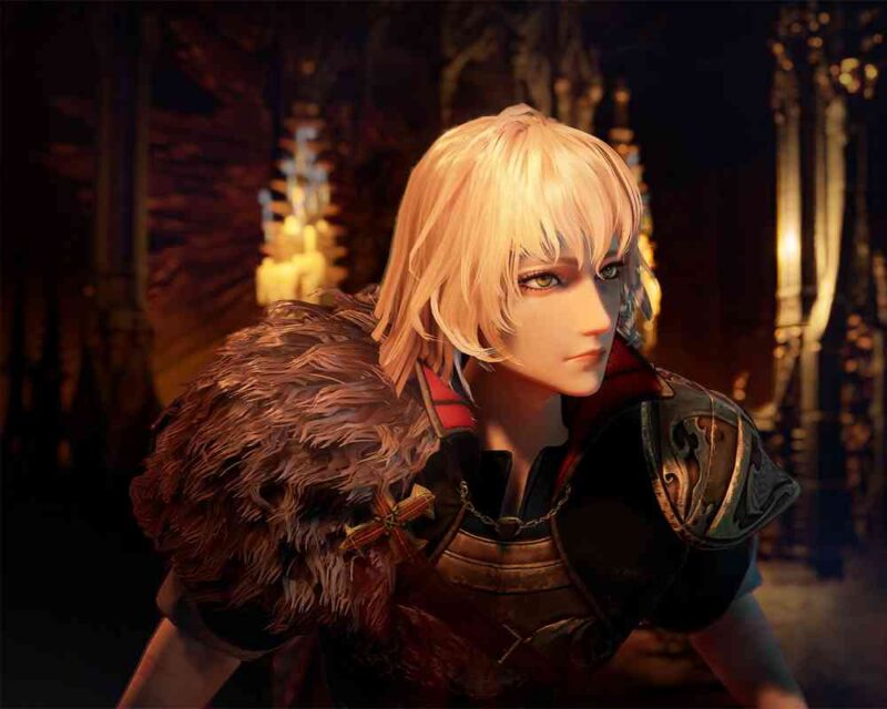 Postać z gry Bloodstained: The Scarlet Engagement o jasnych blond włosach i intensywnym spojrzeniu, ubrana w ozdobną zbroję z elementami futra na ramieniu. W tle widać mroczne, gotyckie wnętrze oświetlone ciepłym blaskiem świec.