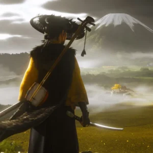 Samuraj w tradycyjnym stroju patrzy na górę Yōtei w Japonii, trzymając katanę i shamisen, w tle widoczna dolina spowita mgłą.