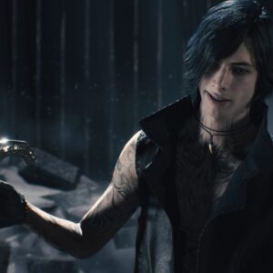 Postać V z Devil May Cry 5 trzymająca broń na tle pobojowiska, dzięki Netfliksowi gra obecnie bije rekordy popularności
