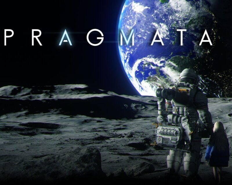State of Play kolejny zwiastun Pragmata, widok z komosu, postacie stoją na księżycu, patrzą na Ziemie, na górze nazwa gry, postacie to android i mała dziewczynka
