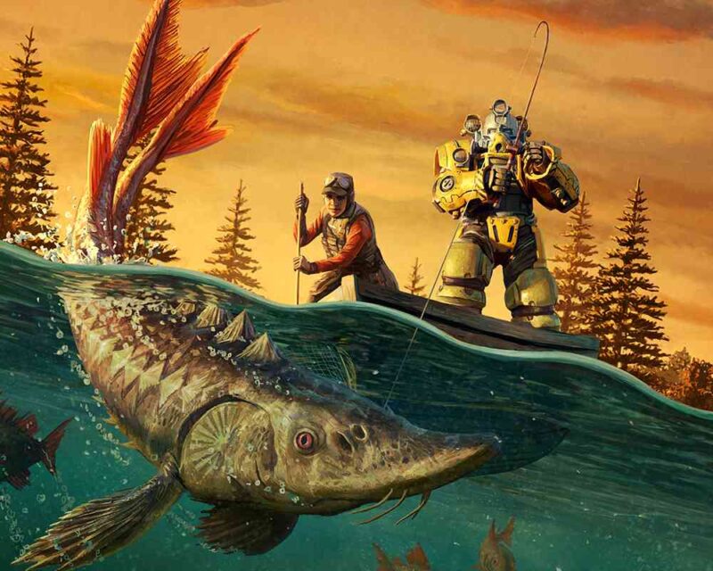 Na ilustracji promującej aktualizację Gone Fission do gry Fallout 76 widać dwóch postapokaliptycznych wędkarzy na łódce – jeden z nich ma na sobie pancerz wspomagany i trzyma wędkę, drugi pomaga długim kijem. W wodzie pod nimi pływa ogromna, zmutowana ryba.