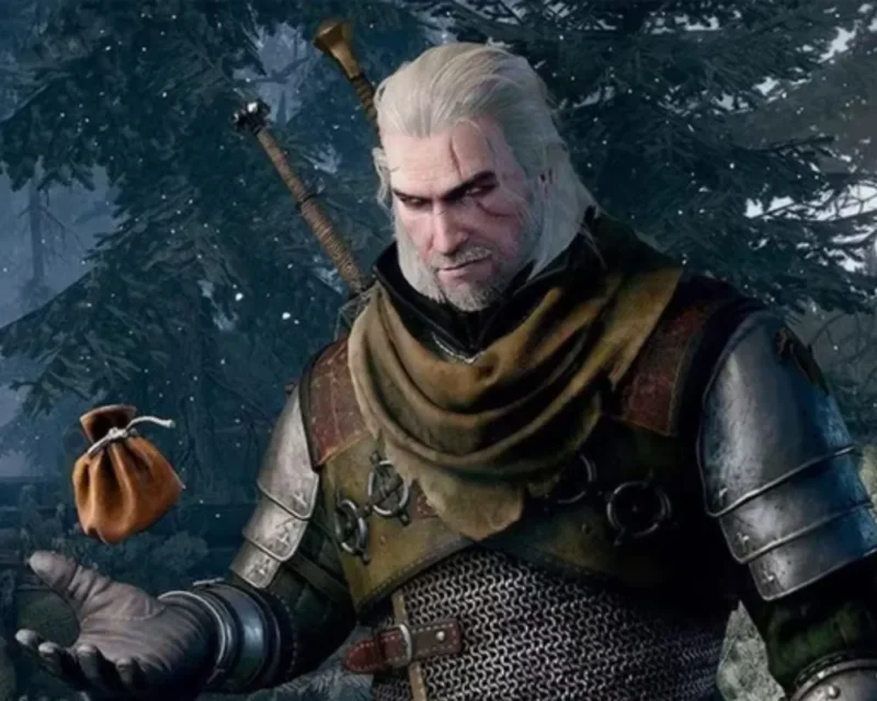 Geralt z Rivii z gry Wiedźmin 3: Dziki Gon stoi w zimowym lesie, ubrany w zbroję i skórzaną pelerynę. W lewej ręce unosi niewielki mieszek z monetami, który zdaje się lewitować nad jego dłonią. W tle widoczne są ośnieżone drzewa.