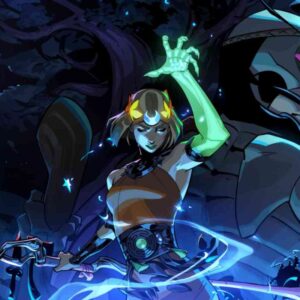 Ilustracja z gry "Hades 2"* przedstawia główną bohaterkę Melinoë w dynamicznej pozie podczas rzucania czaru – jej ręka świeci zielonym blaskiem, a wokół niej wiruje magiczna energia. W tle widoczna jest nocna sceneria z drzewami i potężną kamienną postacią, co dodaje ilustracji mistycznego klimatu. Styl graficzny jest inspirowany komiksem, charakterystyczny dla studia Supergiant Games.
