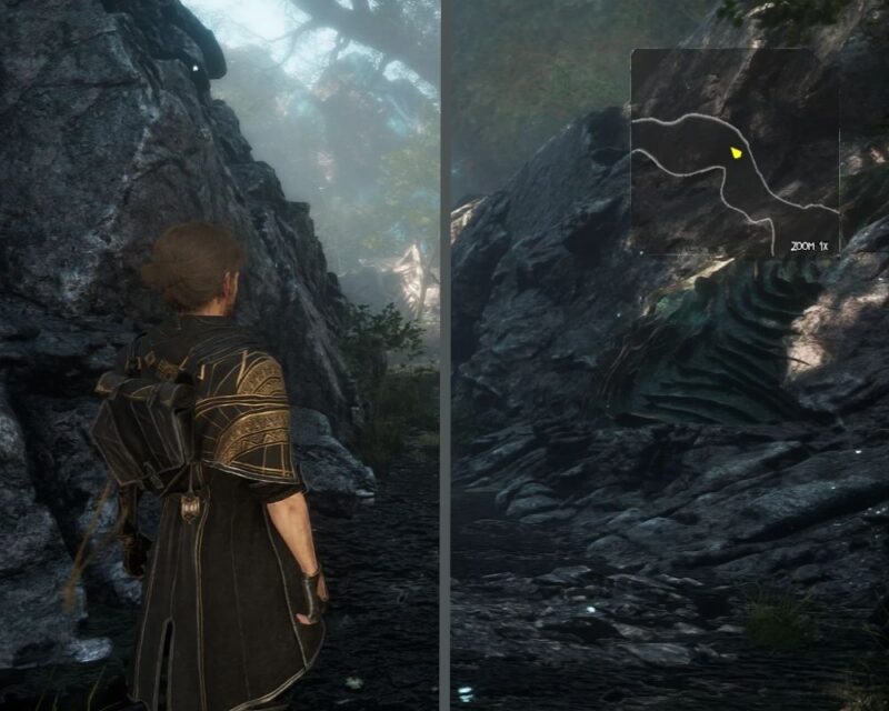 Na obrazku widoczne są dwa panele, przedstawiające prawdopodobnie tę samą scenę z gry wideo, ale z różnymi modyfikacjami lub ustawieniami. Obie sceny ukazują postać gracza (widzianą od tyłu) w ciemnym, górzystym lub skalistym terenie, otoczonym mglistą roślinnością. Lewy panel: Przedstawia postać z bliska, ubraną w ciemną szatę ze złotymi zdobieniami na ramionach i plecaku. Tło jest jaśniejsze, bardziej widoczne, z zieloną roślinnością i efektem mgły lub światła przenikającego przez drzewa. Scena wydaje się być dobrze oświetlona, z wyraźnymi detalami skał i liści. Prawy panel: Ta sama scena, ale znacznie ciemniejsza, z mniejszą ilością szczegółów w tle. Na górze po prawej stronie znajduje się interfejs użytkownika (HUD) w postaci minimapy. Mapa jest czarno-biała z żółtym znacznikiem wskazującym pozycję gracza. Pod minimapą widoczny jest napis "ZOOM 1X". Kolory w tej części obrazka są bardziej stonowane i mroczne, co sugeruje nocne lub bardzo słabo oświetlone środowisko. Skały wydają się być ciemniejsze i bardziej surowe.