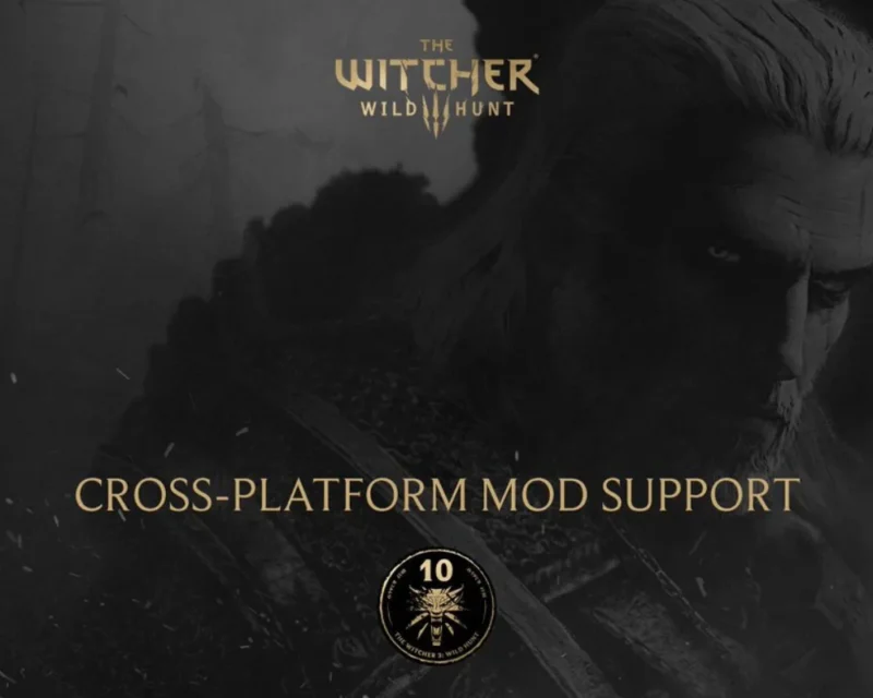 Geralt z gry Wiedźmin 3: Dziki Gon w ciemnej, klimatycznej scenerii, z napisem „Cross-platform mod support” i logotypem z okazji 10-lecia gry.