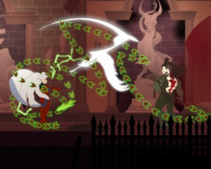 Na obrazku widzimy dynamiczną scenę walki z gry 2D w stylu animowanego fantasy. Dwie postacie mierzą się ze sobą w pełnym akcji starciu: po lewej stronie wojowniczka o długich, białych włosach wykonuje potężny atak, z którego wyłania się biała sylwetka ptaka otoczona spiralą zielonych, magicznych znaków. Jej przeciwniczką jest postać o ciemnych włosach i potężnej posturze, ubrana w zbroję z czerwonymi akcentami, stojąca w defensywnej pozie. Tło przedstawia monumentalne wnętrze z rzeźbami smoków i gotycką architekturą. Całość utrzymana jest w stylizowanej, komiksowej estetyce, przypominającej animacje fantasy z lat 90., z naciskiem na efektowność i kontrastowe kolory.