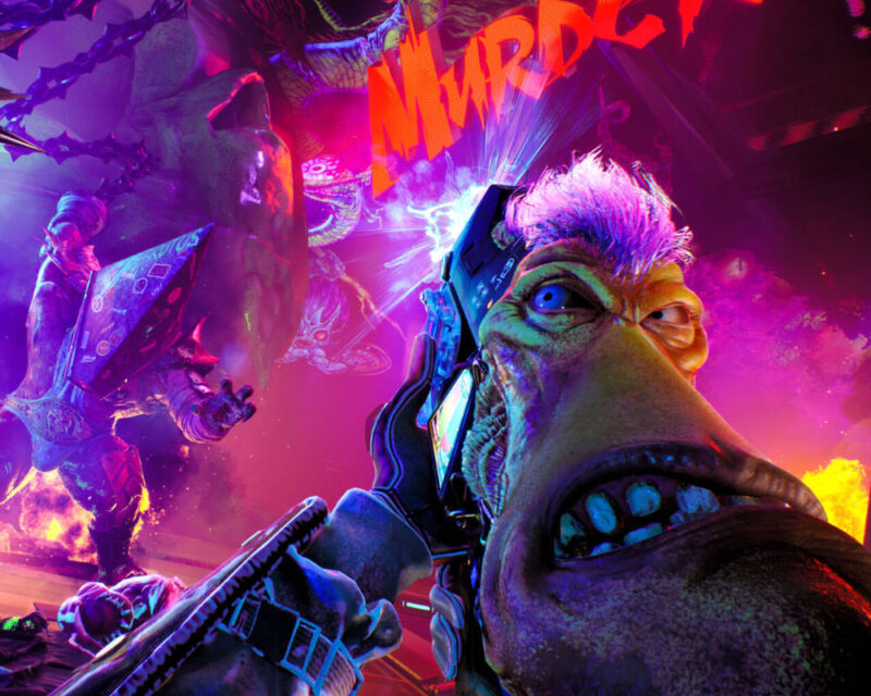 Na zdjęciu widać dynamiczną scenę, prawdopodobnie z gry komputerowej, utrzymaną w jaskrawych, neonowych kolorach, dominują fiolety, błękity, zielenie i pomarańcze. Na pierwszym planie, po prawej stronie, znajduje się dziwaczna postać z dużą, żółto-zieloną twarzą i fioletowymi włosami. Ma niebieskie oczy, szeroko otwarte usta, z których widać zęby, i wydłużony nos lub pysk. Postać ta trzyma w ręku broń, która emituje niebieskie światło. Ujęcie jest perspektywą "z pierwszej osoby", sugerując, że to gracz patrzy przez oczy tej postaci lub z jej bliska. W tle, po lewej stronie, widać dużą, zieloną, potworną istotę o wyraźnie zarysowanych mięśniach i ostrych elementach, być może kolcach lub zębach. Wygląda na agresywną i zagrożenie. Niebo w tle jest pomarańczowe i fioletowe, co dodaje scenie dramatyzmu. W górnej części obrazu, na tle jaskrawego nieba, widnieje napis "MURDER" w pomarańczowych literach, co dodatkowo podkreśla intensywny i być może brutalny charakter przedstawionej sceny. Całość obrazu jest pełna energii i chaosu.