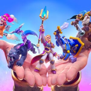 Grupa kolorowych bohaterów gotowych do walki, unoszących się na dwóch wielkich dłoniach. Każdy z nich ma unikalny styl – od rycerza i maga, po elfkę na panterze i krasnoluda na niedźwiedziu. Tło jest bajkowe, jasne i pełne energii.