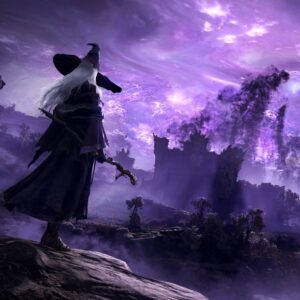 Postać przypominająca czarodzieja w ciemnym płaszczu i spiczastym kapeluszu stoi na skalnym wzniesieniu. Na horyzoncie widać zrujnowany zamek, nad którym unosi się olbrzymi, mglisty kształt przypominający cień.