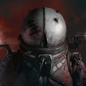 Na obrazku widać osobę w ciężkim, metalowym kombinezonie z hełmem na czerwonym tle. Z boku przymocowane jest światło, a na pancerzu widać ślady zużycia i numer ND-3576.