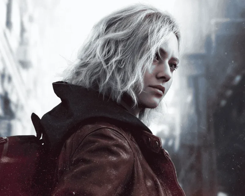 Portret Grace Ashcroft, głównej bohaterki Resident Evil: Requiem, w skórzanej kurtce i z kapturem, na tle zniszczonego miasta spowitego w zimnym świetle.