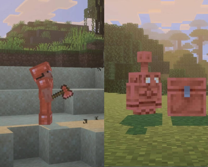 Obrazek składa się z dwóch kadrów z gry Minecraft, prezentujących nowe elementy związane z miedzią. Na lewym kadrze widać postać gracza (lub moba) ubranego w pełną zbroję wykonaną z miedzi, która ma charakterystyczny rdzawoczerwony odcień. Postać ta trzyma w ręce miedziany topór. Znajduje się ona na piaszczystym terenie, przypominającym plażę lub pustynię, z tłem porośniętym trawą i drzewami, oraz jasnym, nieco zamglonym niebem. Prawy kadr przedstawia dwa nowe bloki lub obiekty również wykonane z miedzi. Po lewej stronie widać miedzianą statuę lub totem o złożonym kształcie, z elementami przypominającymi twarz lub gogle. Po prawej stronie znajduje się miedziana skrzynia z charakterystycznym dla skrzyń w Minecrafta zamknięciem. Oba obiekty leżą na trawiastym podłożu. W tle widać zalesiony teren z wysokimi drzewami, a horyzont jest jasny i zamglony, co sugeruje wschód lub zachód słońca.