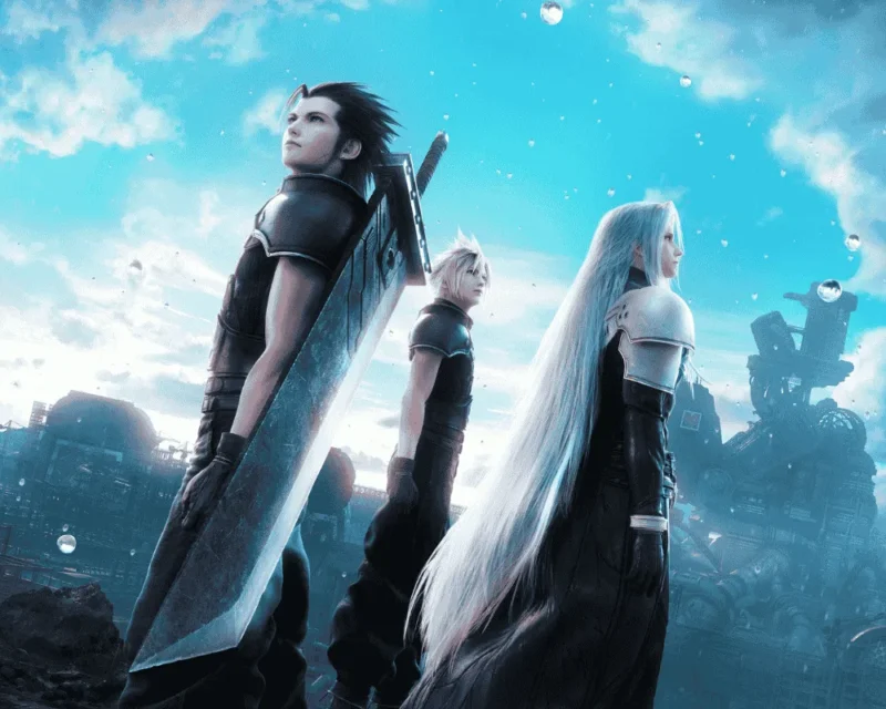 Trzech bohaterów z serii Final Fantasy – Zack, Cloud i Sephiroth – stoi obok siebie na tle futurystycznego miasta i błękitnego nieba, patrząc w różnych kierunkach z powagą na twarzach.