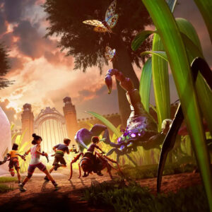 Grafika przedstawia scenę z gry Grounded 2 - ludzie zmniejszeni do miniaturowych rozmiarów otoczeni przez wielkie owady wśród traw