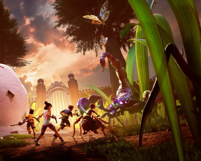 Grafika przedstawia scenę z gry Grounded 2 - ludzie zmniejszeni do miniaturowych rozmiarów otoczeni przez wielkie owady wśród traw