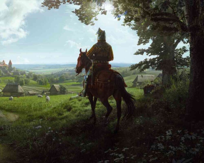 Grafika z gry "Manor Lords" przedstawia rycerza w zbroi siedzącego na koniu, obserwującego średniowieczną wieś rozciągającą się na zielonych wzgórzach. W tle widoczne są domy kryte strzechą, pasące się owce i czerwone dachy zamku na horyzoncie. Scena rozgrywa się w słoneczny dzień, w otoczeniu drzew i kwiatów.