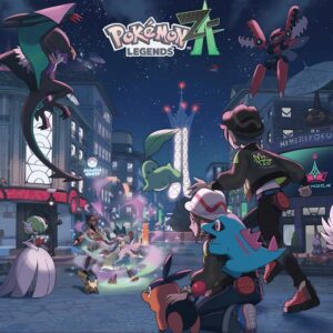 Grafika przedstawia postacie z serii Pokemon Legends Z-A - trenerów i ich pokemony w miejskiej, nocnej scenerii.