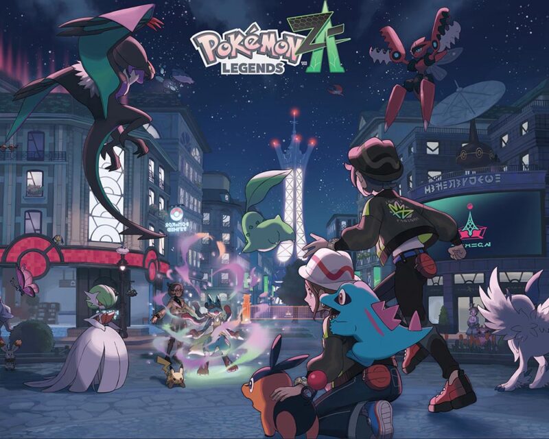 Grafika przedstawia postacie z serii Pokemon Legends Z-A - trenerów i ich pokemony w miejskiej, nocnej scenerii.