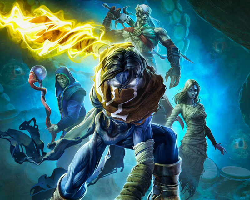 Grafika prezentuje postaci z gry Legacy of Kain: Soul Reaver. Na przedzie główny bohater - Raziel. W tle wampir Kain, Moebious, Ariel i pradawny bóg